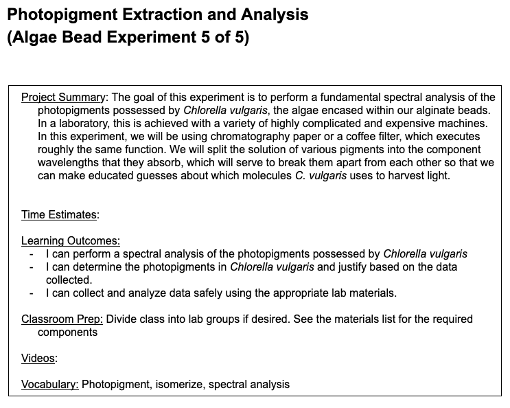 Algae Beads - Photopigment Extraction and Analysis