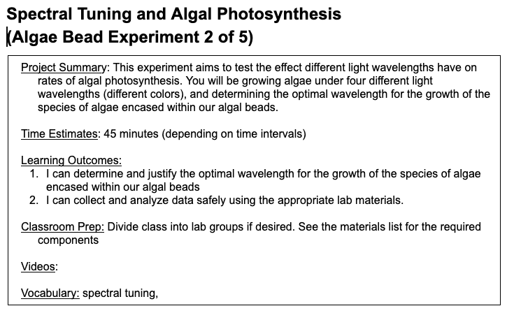 Algae Beads - Spectral Tuning and Algal Photosynthesis