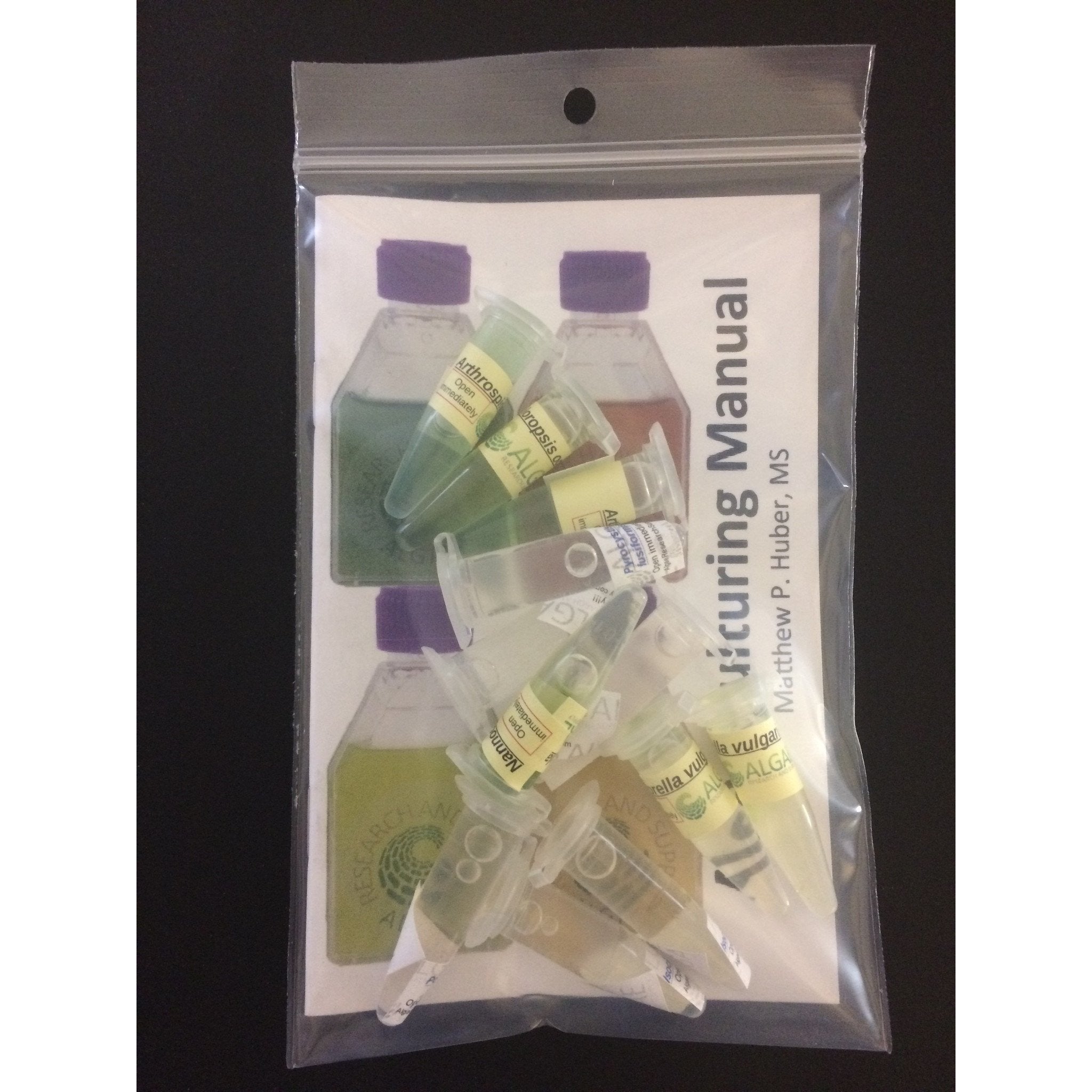 The algae survey kit includes 1.5 ml culture, culture booklet, nutrient media, salts, and a tissue flask.