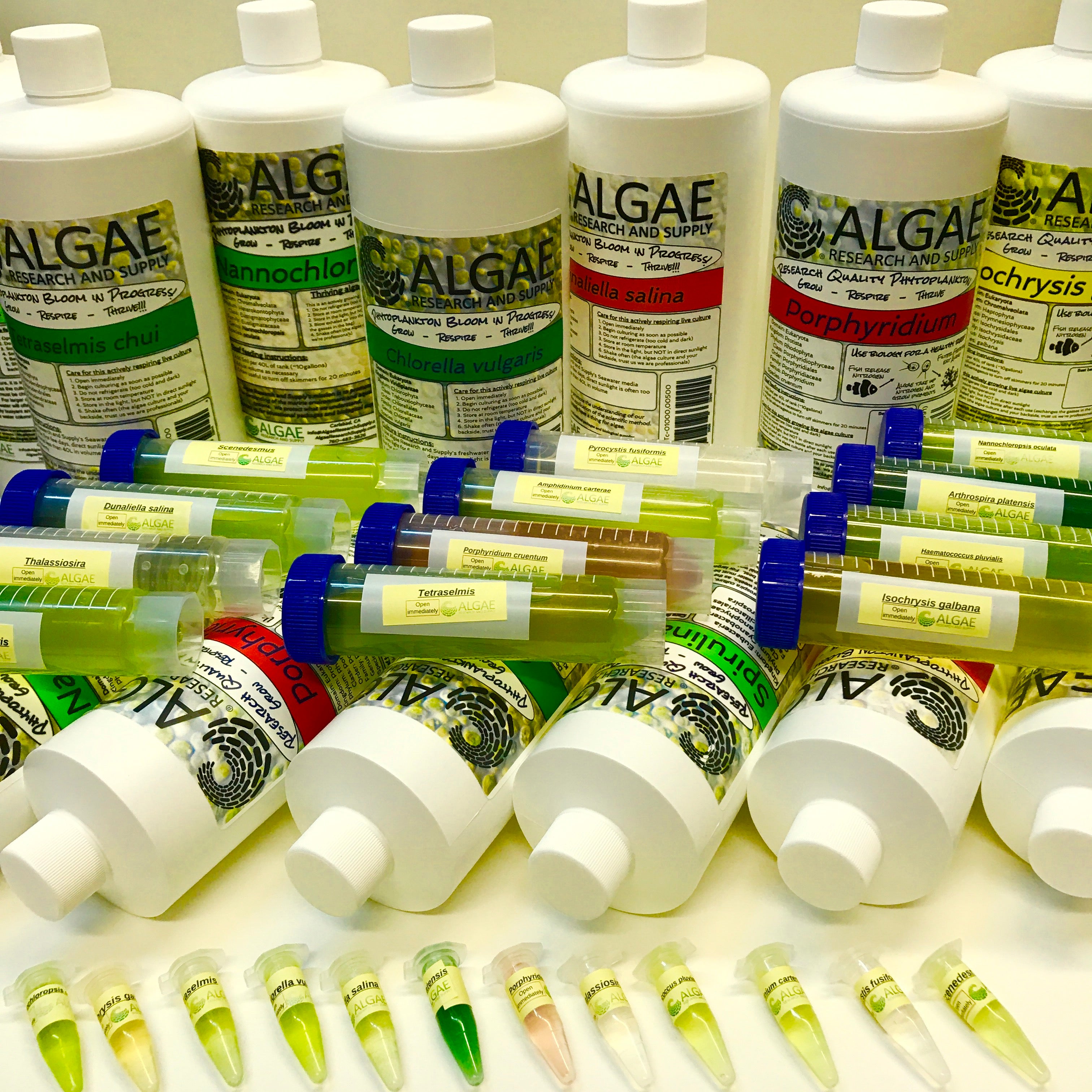 Algae Cultures from Algae Research Supply all of bottles and flasks