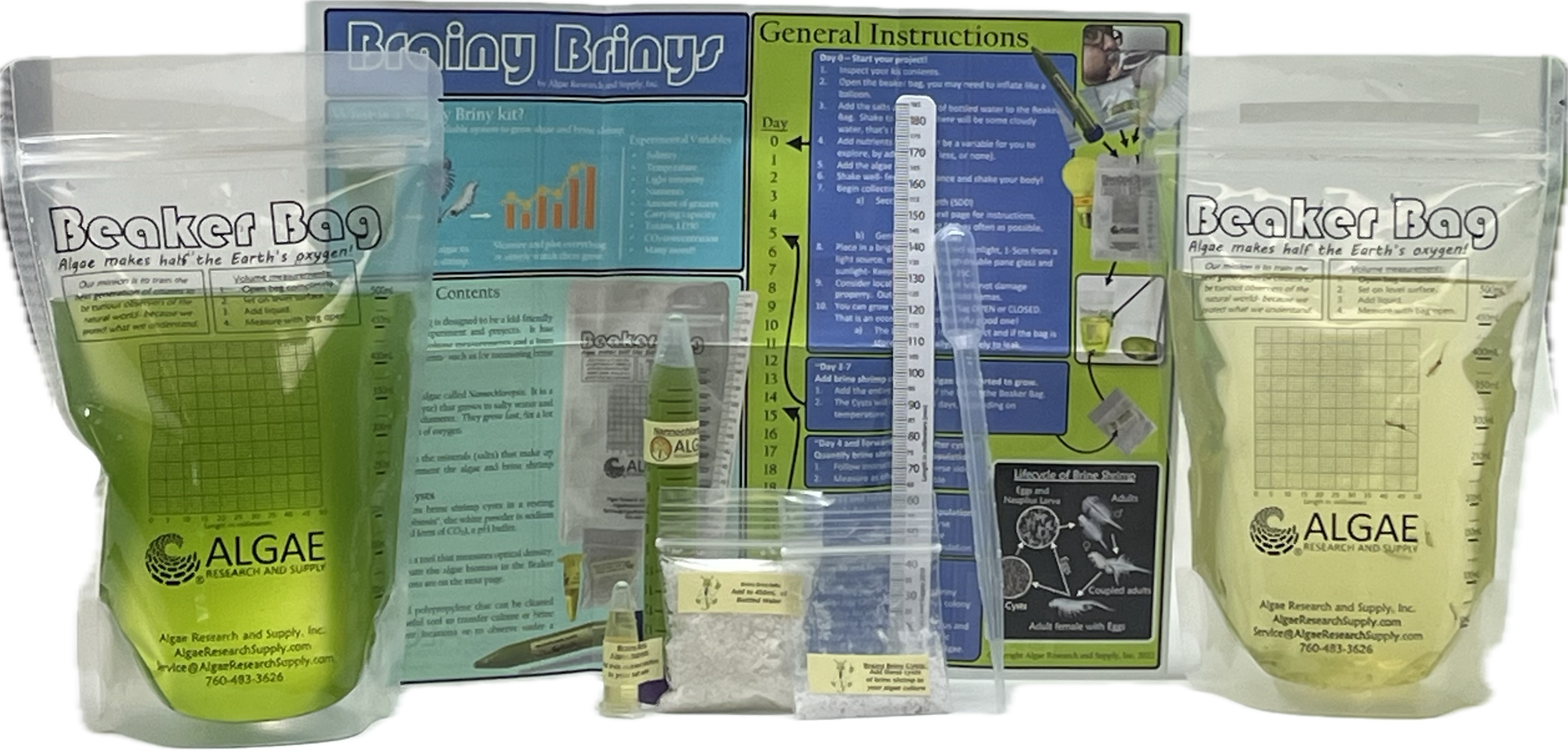 Brainy Briny's in a Beaker Bag:  Algae and Brine Shrimp Growing Kit. (K-12, HS, AP-Bio, AP-ES)