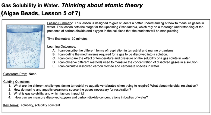 Algae Beads - Gas Solubility in Water. Thinking about atomic theory