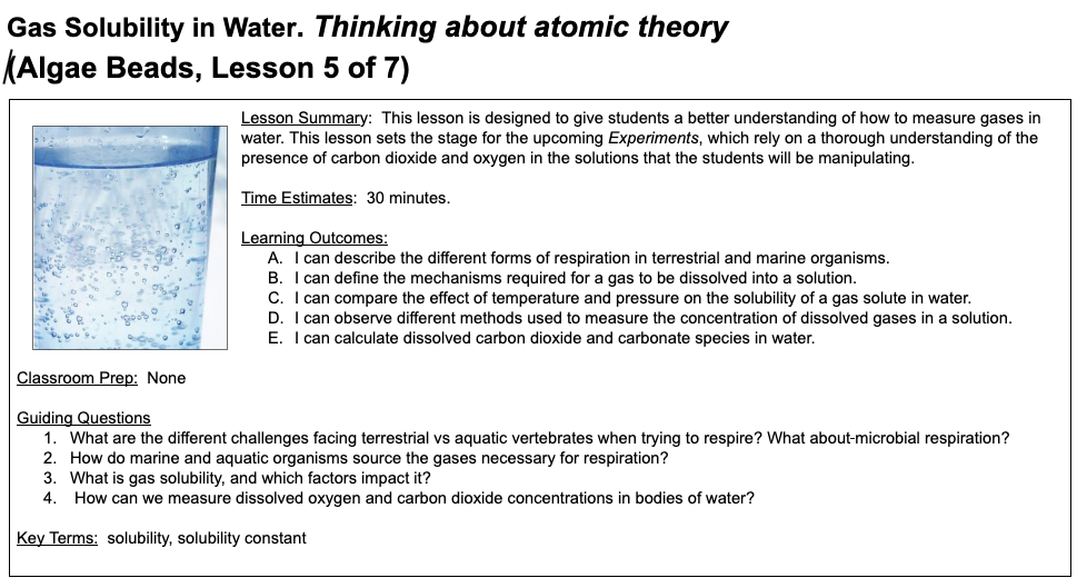 Algae Beads - Gas Solubility in Water. Thinking about atomic theory