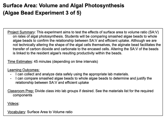 Algae Beads - Surface Area: Volume and Algal Photosynthesis