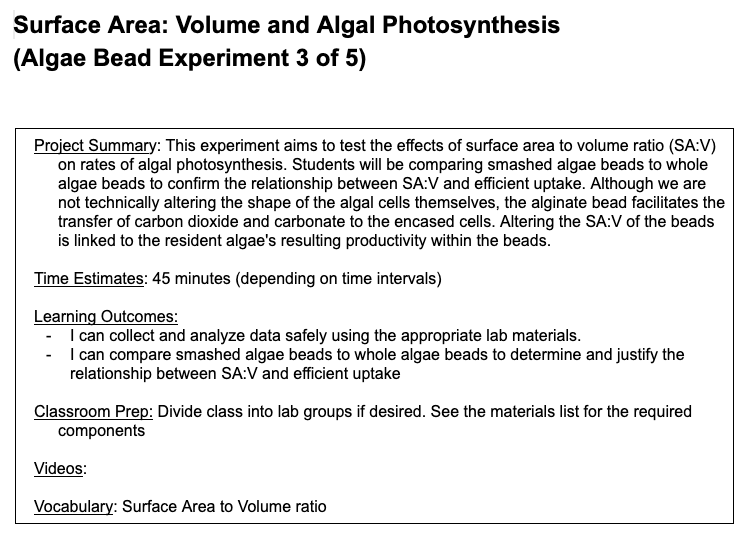 Algae Beads - Surface Area: Volume and Algal Photosynthesis