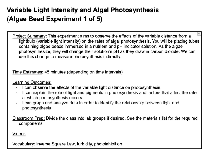 Algae Beads - Variable Light Intensity and Algal Photosynthesis
