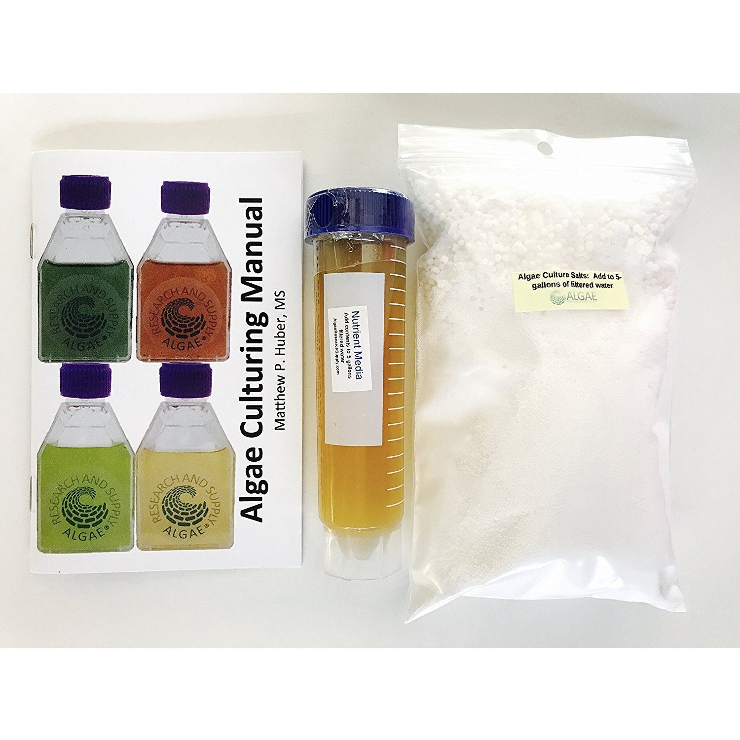 Spirulina culturing kit, salts, nutrients, and instructions.
