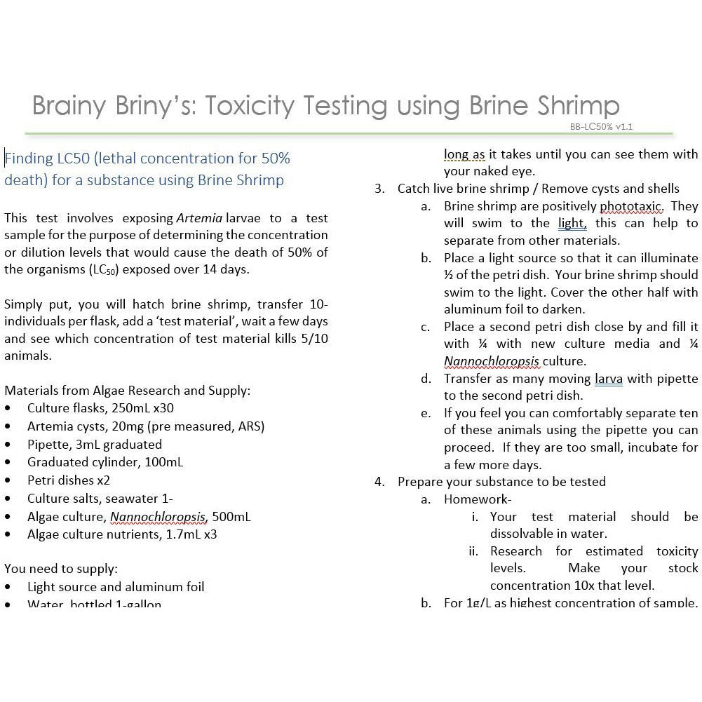 Brainy Briny:  Toxicity Testing using Brine Shrimp- Finding a Lethal Concentration-50%